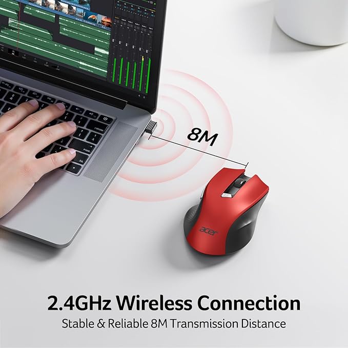 acer Wireless Mouse for Laptop, 2.4GHz Computer Mouse 3 Adjustable DPI Office Cordless USB Mice with USBA Receiver, 6 Buttons, 1600 DPI, Medium to Large Sized Hands (Red)