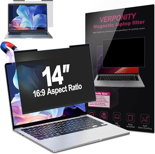 Magnetic Laptop Privacy Screen 14 Inch 16:9 Display, Removable Computer Screen Privacy Shield, Anti-Glare Blue Light Protector Compatible with Dell Hp Lenovo Acer Asus Samsung