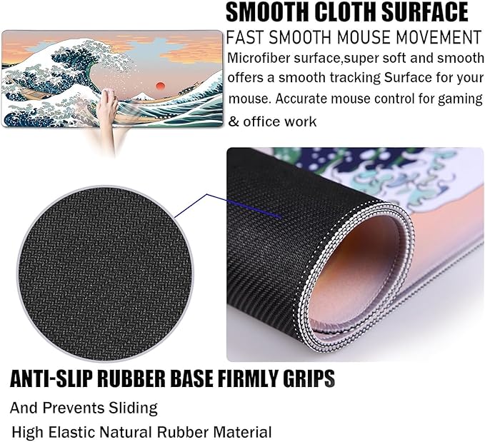 Japanese Large Mouse Pad,Desk Mat Office Desk Pad, Extended Large Mouse Mat for PC, Stitched Edges Gamer Mousepad 35.4 X 15.7 Inch Long Mice Pad, Sunset Sea