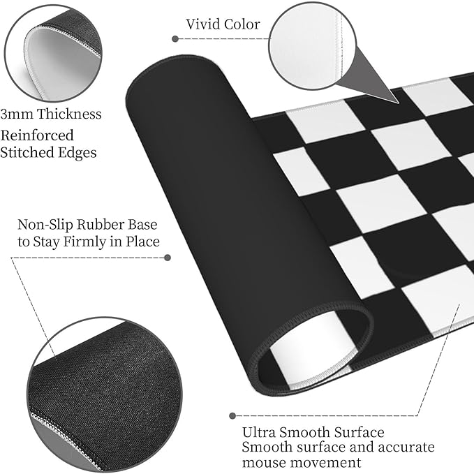 Checkered Black White Gaming Mouse Pad Desk Mat for Home and Office, Large Mousepad Extended Keyboard Pad Stitched Edge Accessories Decor
