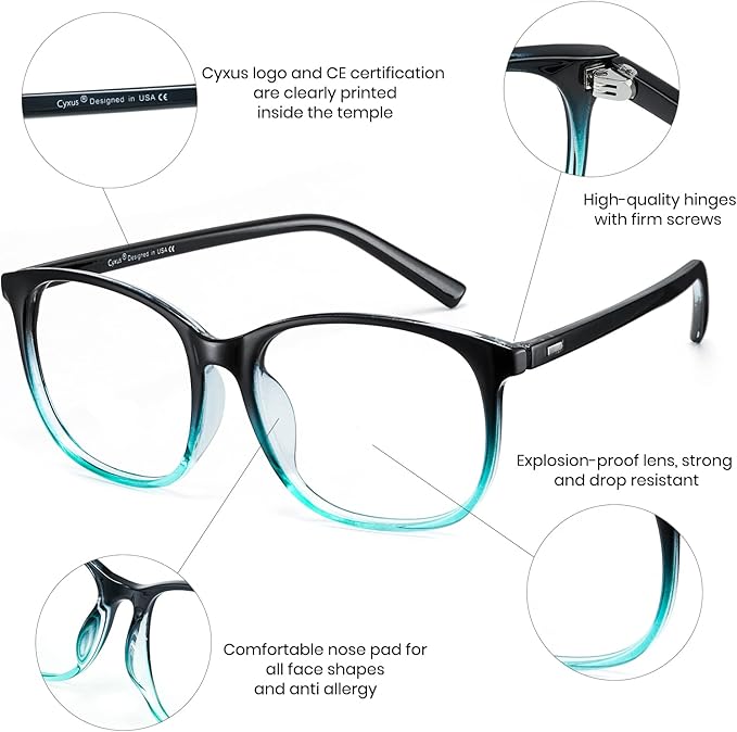 Cyxus Blue Light Blocking Glasses Women Men Computer Gaming Square Glasses UV400 Protection Anti Eyestrain T32