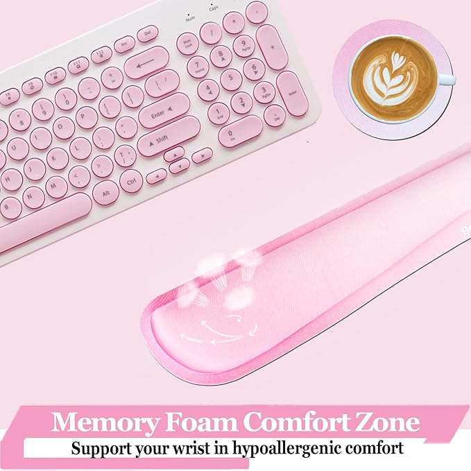 BamLue Keyboard Wrist Rest, Memory Foam Pad Set for Easy Typing & Pain Relief for Laptop, Office & Home, Ergonomic Sets for Keyboard, Gel Mouse, Smooth Fiber Cushion Wrist Support, Pink Gradient