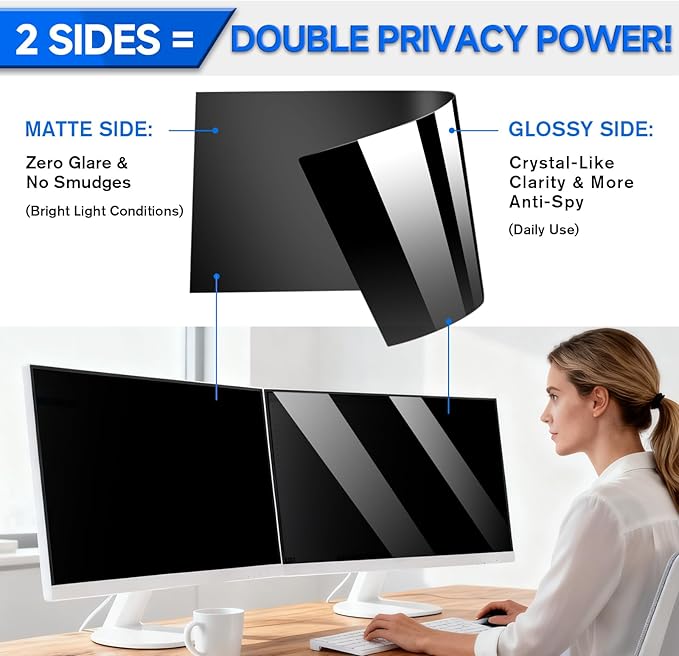 [2-Pack] Privacy Screen For Computer Monitor, 27-Inch 16:9 Aspect Ratio; Anti Spy/Bule Light/Glare And Eye Protection, 2 Install Ways Removable For Office, Airport, Cafe And Other Public Area; Diagonal 27 Inches, Width 23.53 Inches, Height 13.24 Inches