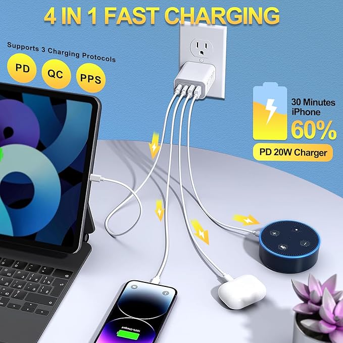 Dual USB C Charger 55W USB C Charger Block, CARZONJX 4 Port Type C Fast Charging Block QC+PD Power Adapter Wall Plug for iPhone 17 16 15 14 13 12 11 Plus Pro Max, Galaxy, Tablet and More