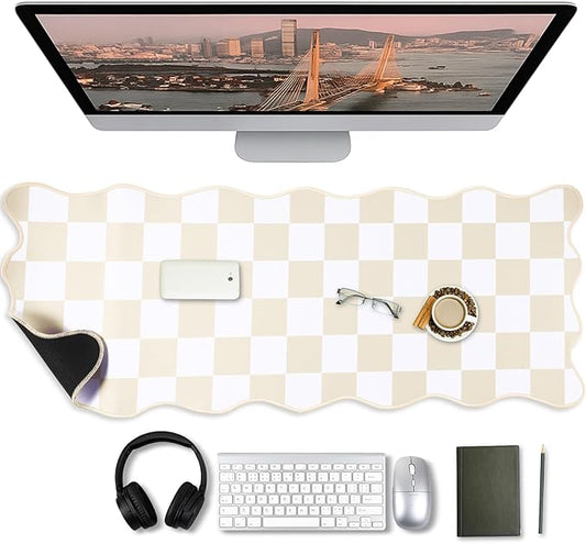 1 Pcs Beige Scalloped Checkered Desk Mat 31.5 x 11.8 Inch Large Cute Mouse Pad Computer Mat Non Slip Waterproof Rubber Base with Border Stitching Soft Keyboard Pad for Home Office Gaming Makeup