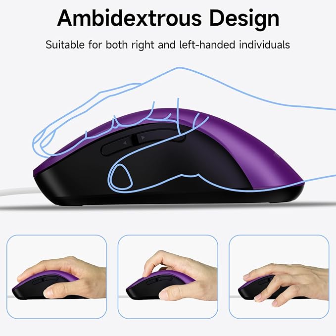 memzuoix Wired Mouse, USB Computer Mouse 1400 DPI Mobile Optical Mouse Ergonomic Design Computer Mice with 5FT Cord for Laptop, PC, Desktop, MacBook, 5 Buttons (Purple)