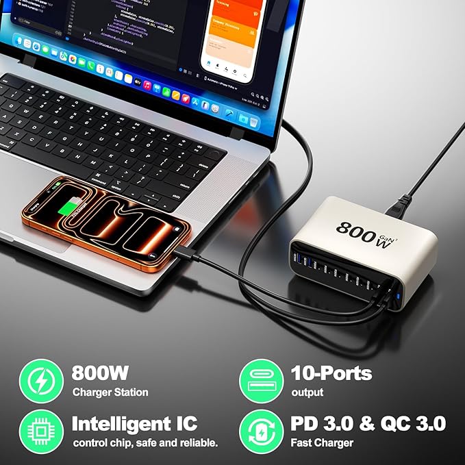 USB C Charging Station 800W, USB Fast Charger Block 10 Ports, Dual 140W PD PPS Charger Multiple Output, PD Power Adapter Compatible with MacBook Pro Dell/iPhone 16/Galaxy/Tablet/Mobile