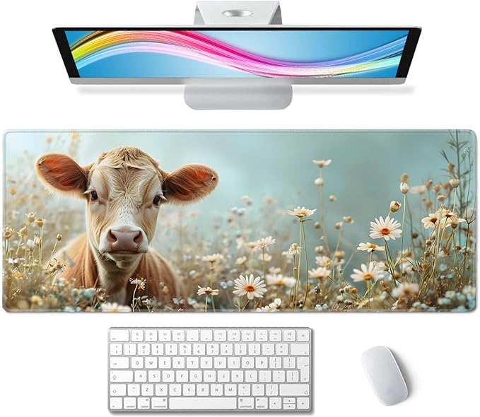 Flower and Little Cow XL Mouse Pad,Large Mouse Pad Gaming 31.5 x 11.8 in Mouse Mat Desk Pad,Extended Keyboard Mousepad Large Desk Mat with Non-Slip Rubber Base and Stitched Edge for Home Office