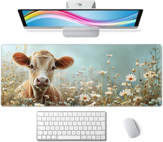 Flower and Little Cow XL Mouse Pad,Large Mouse Pad Gaming 31.5 x 11.8 in Mouse Mat Desk Pad,Extended Keyboard Mousepad Large Desk Mat with Non-Slip Rubber Base and Stitched Edge for Home Office
