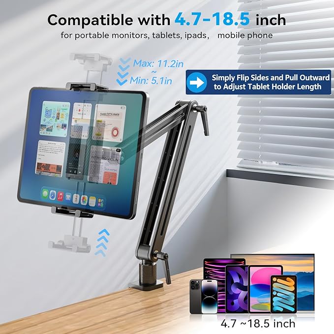 Adjustable Portable Monitor Stand 15.6" - 360° Rotating Base Tall Tablet Desk Arm Holder Stand for iPad Air/Pro/Mini Swivel Flexible Bed Clamp Mount Soporte para Tablet/Monitor Portatil/Ereader
