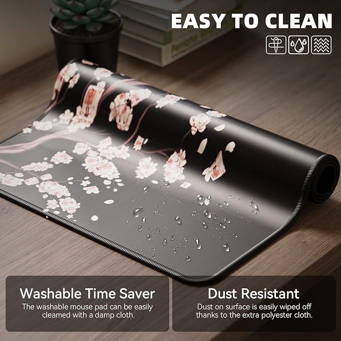 ETZ Japanese Plum Blossoms Black Mouse Pad (31.5 × 11.8 × 0.12 inch) Extended Large Mouse Mat Desk Pad, Stitched Edges Mousepad,Non-Slip Rubber Base,Gaming Mouse Pad XL.