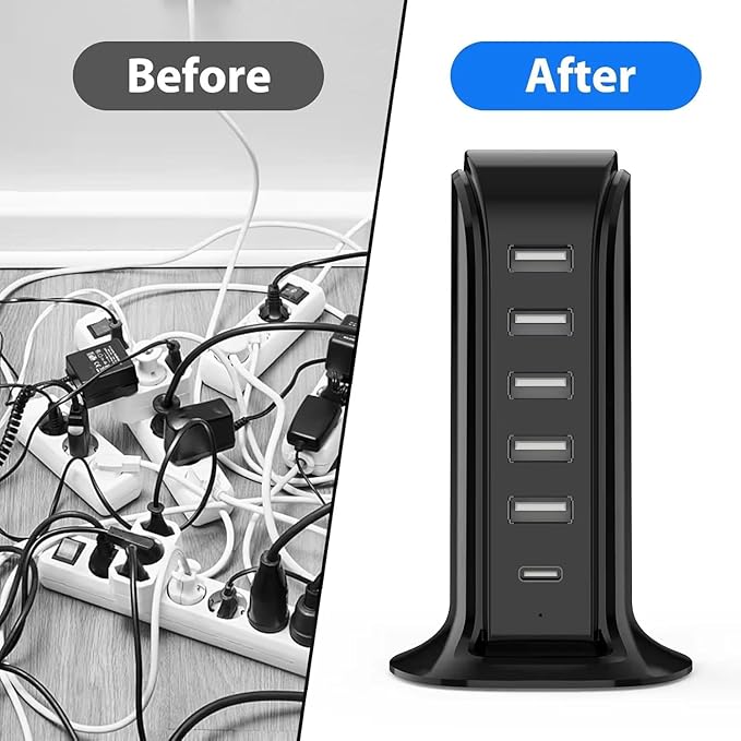 USB Charging Station for Multiple Devices, 40W Multiport Charger Tower, USB-C Port Supports PD Quick Charge Compatible with iPhone, Smartphones, Tablets and Other Devices (Black)