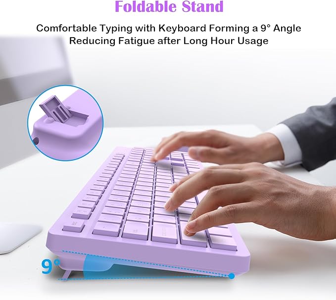 LeadsaiL Purple Wireless Keyboard and Mouse Combo, Full-Sized Ergonomic Computer Keyboard, 2.4GHz USB Cordless Keyboard Silent Mouse Set, 12 FN Shortcuts for Windows MacOS Laptop Computer