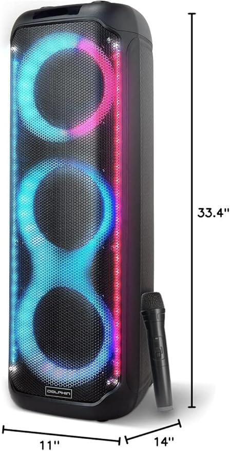 Dolphin KaraokeBox 380: Triple 8" Bluetooth Party Speaker – Powerful Sound System, Long-Lasting Rechargeable Battery, LED Lights, 35-Inch Tall, Portable Design, AUX/USB/TF/Bluetooth Connectivity