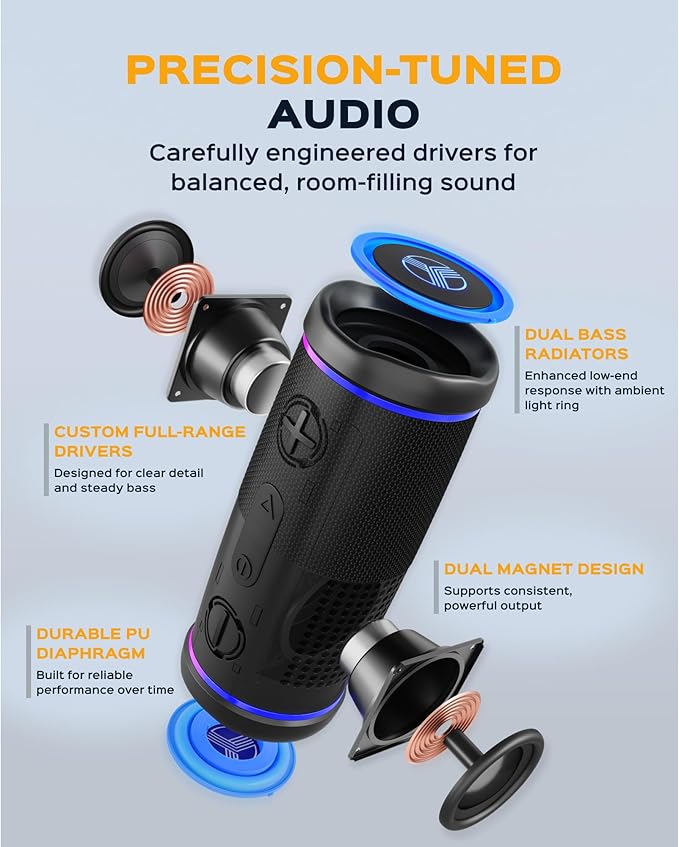 TREBLAB HD77 – Waterproof Bluetooth Speaker, 25W Loud 360° Sound, Deep Bass, IPX7, TWS Pairing, RGB Lights, 20H Battery, Portable Wireless Speaker for Outdoor, Beach, Camping, Party, Travel
