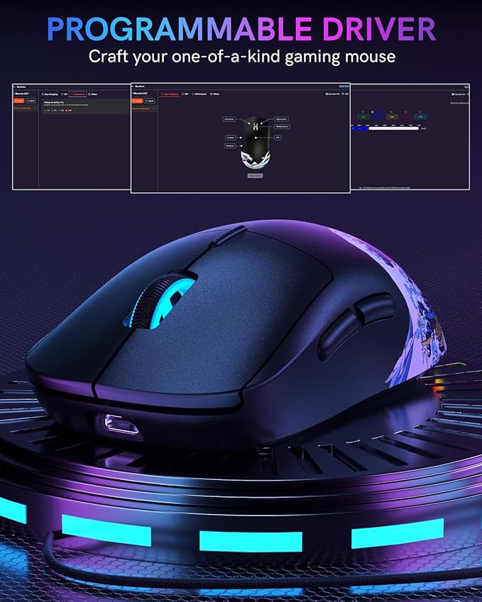 G57 Wireless Gaming Mouse, 8000 DPI, 80g, 2.4G/Bluetooth/USB-C Rechargeable Wireless Mouse with 5 Programmable Buttons for PC/Mac, Black