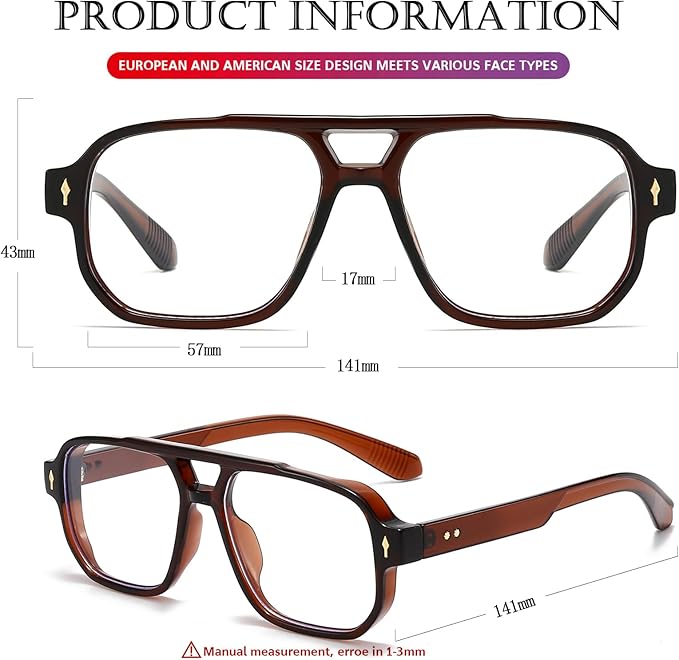 PORADAY Blue Light Blocking Glasses for Women Men 70s Retro Square Aviator Eyeglasses Rectangle Computer Eyewear