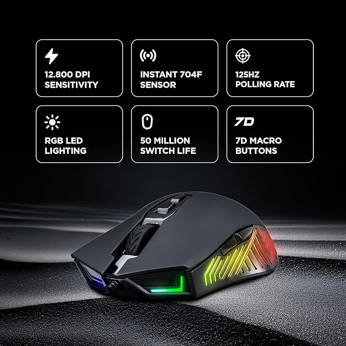 Rampage Spear V2 Black Wired Gaming Mouse with RGB Lighting ?€? 12800 DPI, 7 Programmable Buttons, Lightweight Ergonomic Gaming Mouse for PC/Mac/Laptop Gamers
