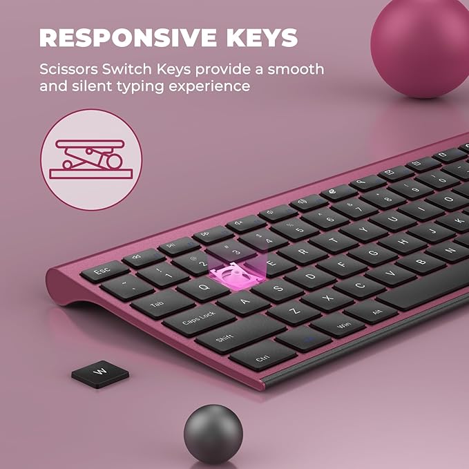 Rechargeable Wireless Keyboard and Mouse Combo, Vssoplor 2.4GHz Ultra Quiet & Slim Full Size Keyboard with 3-Level DPI Mouse for Windows PC Laptop, Black and Wine Red