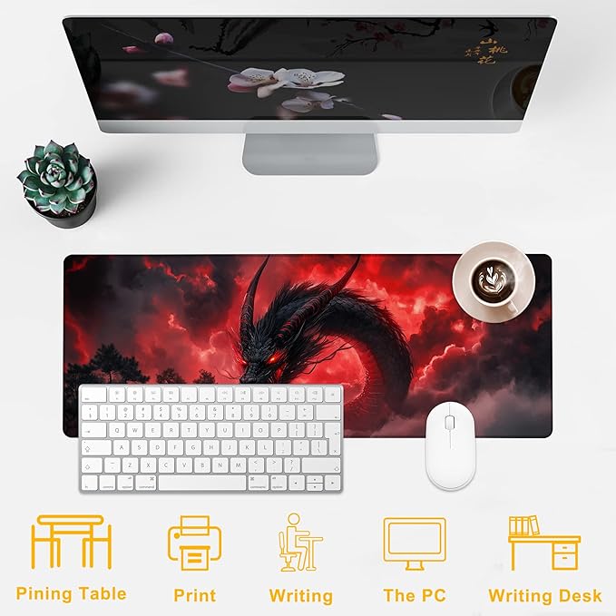 Desk Mat Red Black Dragon Desk Pad for Keyboard and Mouse, Large Mousepad with Stitched Edges for Work Game Office, 31.5 x 11.8 in