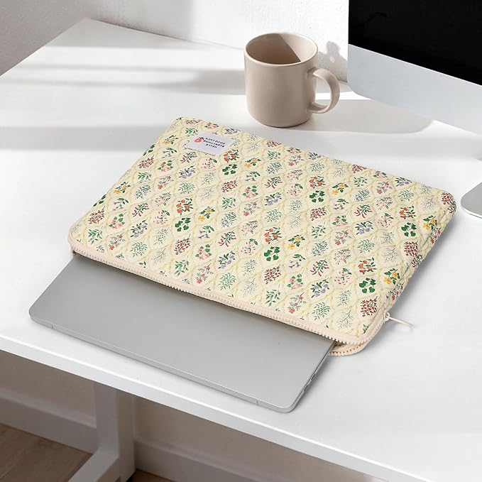 Puffy Laptop Sleeve Case Cute Computer Bag, 14 Inch Flower Printed Quilted Laptop Carrying Cases, Protective Floral Soft Padded Cover Accessories, Compatible with 14"" Notebook, Style A