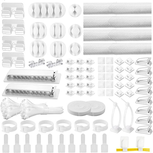 [313Pcs] Cable Management Kit, 67 Adhesive Cable Clips, Topavatop Desk Cord Organizer, 22 Reusable Cable Strap, 4 Cable Sleeve Split, 200 Nylon Cable Zip Ties with 20 Mounts for TV Office Home, White by Topavatop