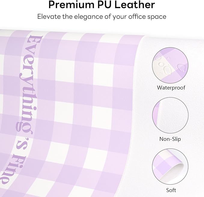 Checkered Pattern Desk Pad Protector, 35.5 x 13'' Aesthetic Mouse Mat for Desktop, Waterproof PU Leathe Non-Slip Desk Writing Pad for Office and Home, Purple and Blue
