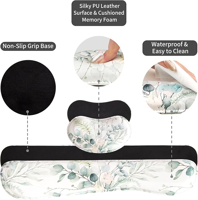 QIYI Leather Desk Mat Set, 4-in-1 Large Mouse Pad with Wrist Rest, Non-Slip Desk Pad + Keyboard Wrist Rest + Mouse Wrist Support + Coaster, Office Desk Accessories Home Decor Supplies, Eucalyptus Leaf