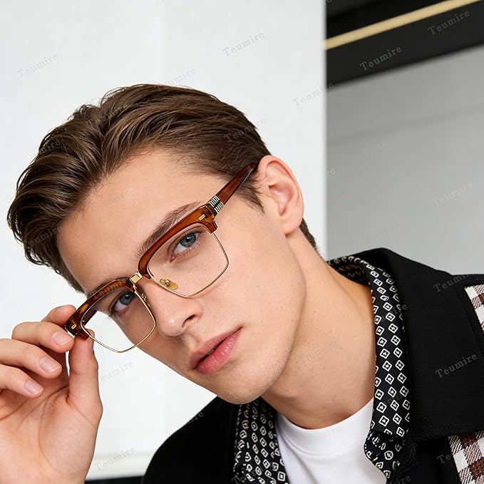 Semi Rimless Rectangle Blue Light Glasses Men Women Black Square Eyewear