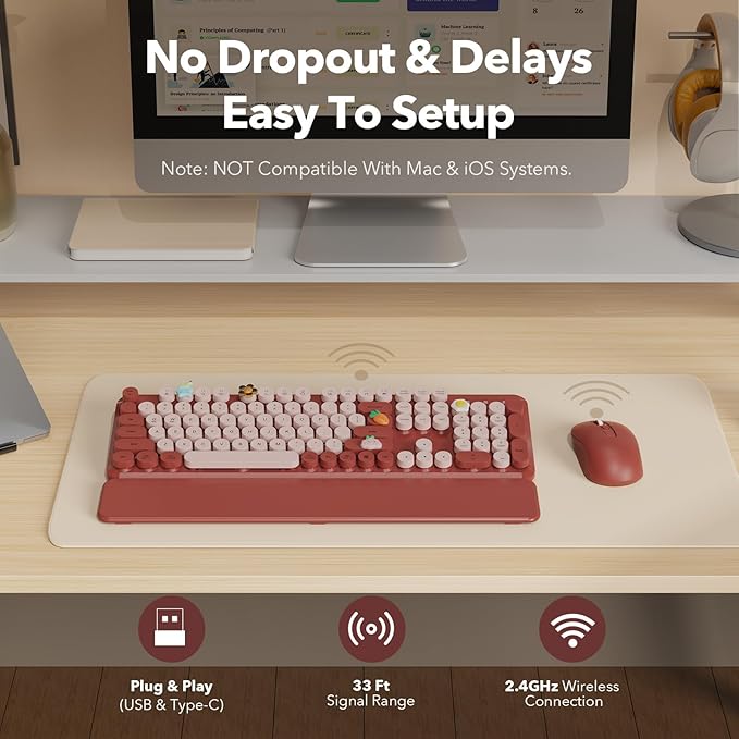 Wireless Keyboard and Mouse Combo, Wine Red Retro Typewriter Style Keyboard with Round Keycaps and Magnetic Wrist Rest, 2.4GHz Wireless for Mac, Windows PC, Laptop, Home Office, School, SABLUTE CK23
