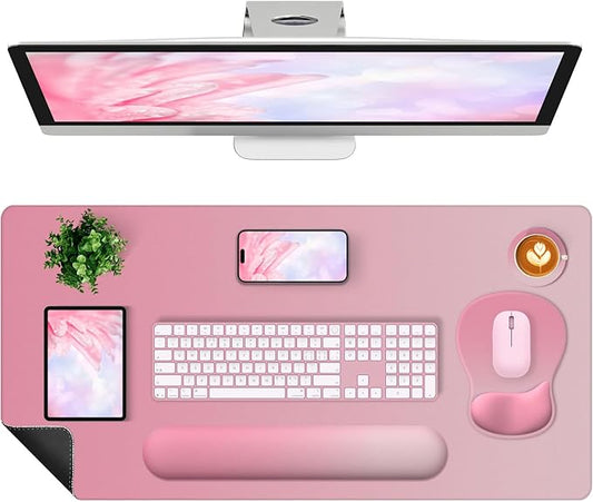4-in-1 Large Gaming Mouse Pad, Keyboard Wrist Rest Pad & Wrist Support Mousepad Set, Extended Desk Pad Waterproof Desk Mat for Home Office Decor Study Game 35.4×15.7 Inches I Gradient Pink Blush