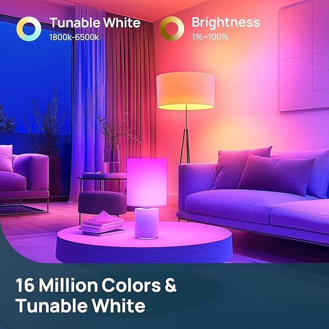 Linkind Smart Light Bulbs, 1600LM (100W Equivalent) Smart Bulb, Work with Alexa & Google Home, RGBTW Color Changing Bulb Music Sync, 2.4GHz Wi-Fi & Bluetooth, LED Alexa Light Bulbs 14W, A21 E26, 2Pack