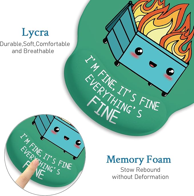 Ergonomic Mouse Pad with Wrist Support, Dumpster on Fire Mouse Pad with Wrist Rest, Gaming Mousepad with Non-Slip Pain Relief PU Base, Cute Mouse Pad for Desk Accessories Office Supplies Decor