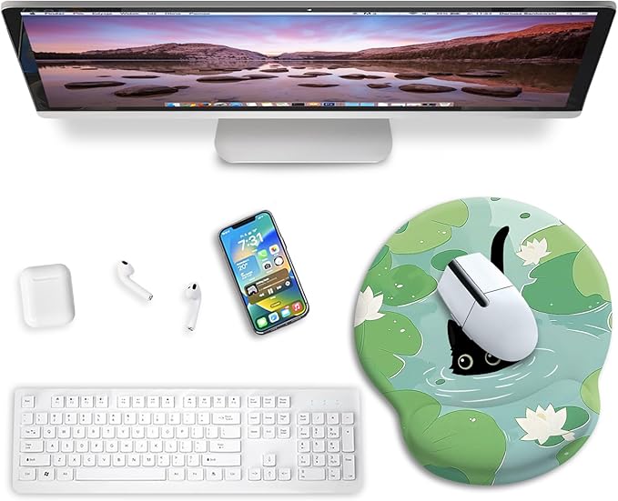 Blusabaca Mouse Pad with Wrist Rest, Cat Lotus Leaf Ergonomic Mouse Pads Wrist Support for Desk, Cute Gaming Mousepad Wireless Mouse Laptop Computer Work Home Desk Accessories Office Supplies Decor