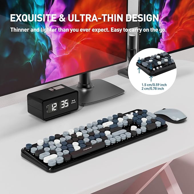 FOPETT 2.4GHz Wireless Keyboard and Mouse Set with Switch Button - Full-Size Keyboard - Compatible for Windows/Laptop/PC/Notebook/Smart TV and More - Grey Colorful
