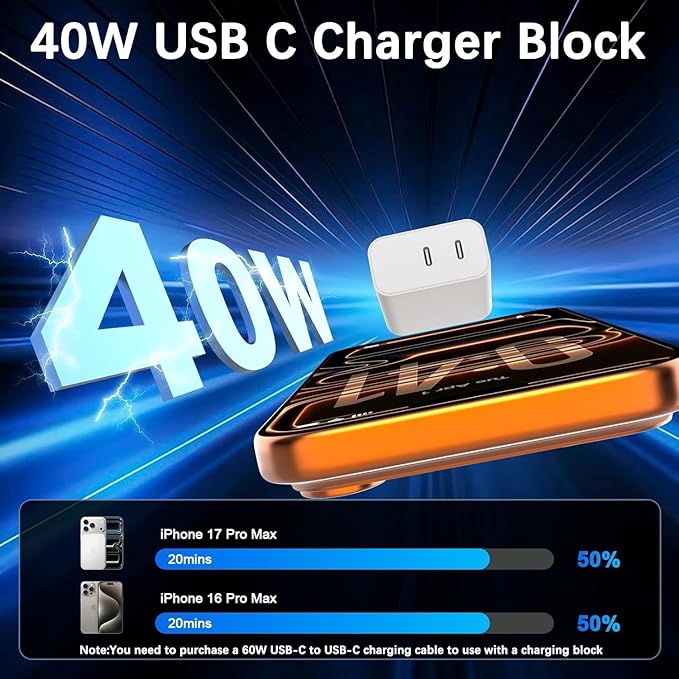 USB C Charging Block Fast Charger,2Pack 40W Dual Port Fast USB C Wall Charger Block,Type C Charging Plug Power Adapter Compatible with iPhone 17 Pro Max/Air/16e/16 Plus/15/14/13/12/11/XS/XR/X,iPad