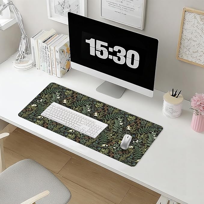 Dark Green Plant Large Mouse Pad 31.5x15.7inch, Vintage Green Fern Leaves Botanical Cottagecore Mouse Pads for Wireless Mouse Computers Laptop Desk Accessories, Plant Desk Accessories