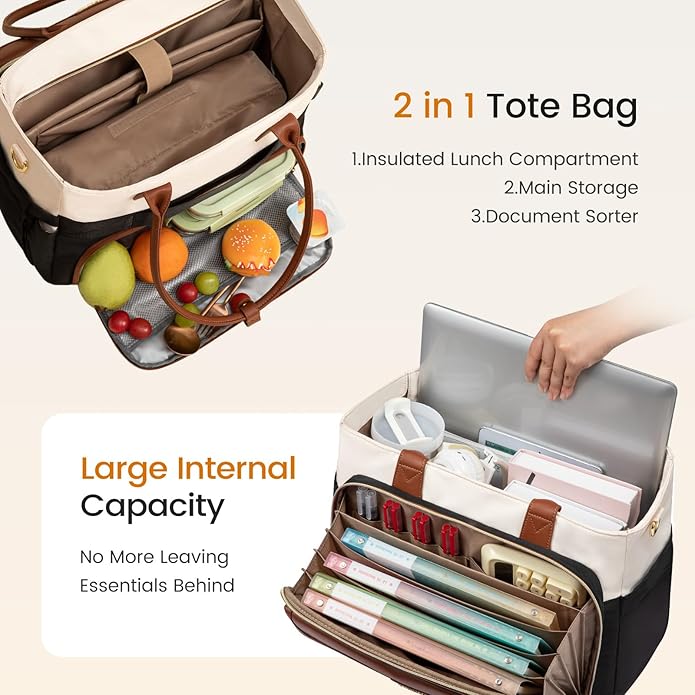 LOVEVOOK Teacher Tote Bag for Women, Laptop Bag Briefcase with Accordion File Pocket, Nurse Handbag for Work, Travel, College | 40oz Cup Holder, Muli-Pockets