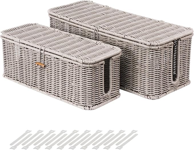 BROWNLILY Cable Management Box, Rattan Style Cord Organizer for Desk Cord Hider Outlet Covers Baby Proofing for Power Strip TV PC Router Charger Under Desk Storage with Lockable Lid and Cable Ties by Unknown