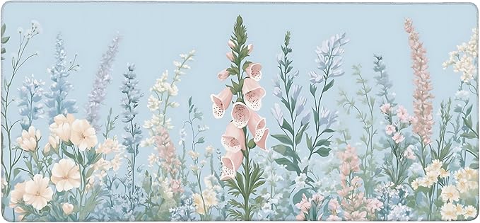 Cute Floral Aesthetic Wildflower Gaming Mouse Pad, Sky Blue Macaron Desk Mat with Anti-Slip Base & Stitched Edges, Computer Keyboard & Laptop Pad, 35.4" x 15.7" in in Workstation Accessories