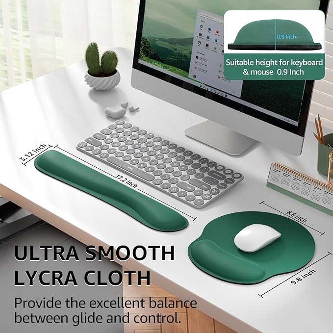 KTRIO Ergonomic Keyboard Wrist Rest and Mouse Pad with Wrist Rest Set, Memory Foam Wrist Support for Typing, Gaming, Office and Home Use, Forest Green