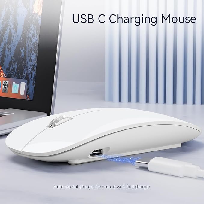 Uiosmuph G11 Wireless Mouse, USB C Rechargeable Computer Mouse, Slim Silent Mice 2.4GHz Optical with USB Nano Receiver and USB C Receiver for Laptop/Mac/PC - White