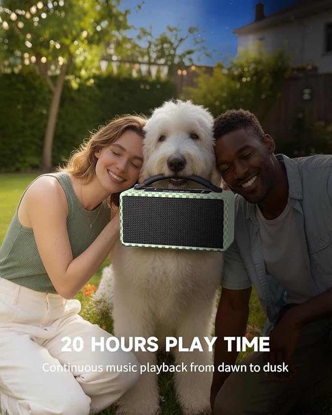 DINDIN Portable Bluetooth Speaker: 80W (Peak), 20H Playtime, Loud Wireless Wood Speakers with Bass, AUX and USB Input, Subwoofer, TWS Pairing, Vintage Speaker for Outdoor, Home, Office (White+Green)