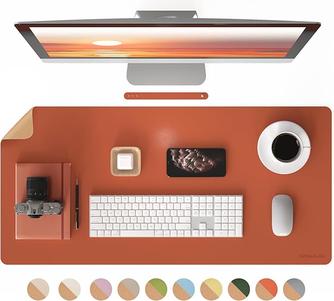 RENMTURE Dual-Sided Large Desk Pad, Faux Leather Natural Cork Mouse pad, Desk Accessories Protector, for Office and Home Work (Orange,36"x17")