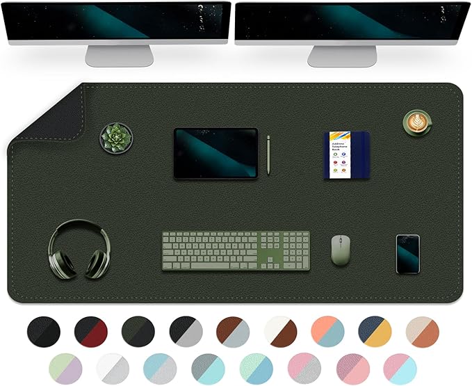 Dual-Sided Desk Mat, Large Pad, Waterproof Smooth PU Leather Blotter Protector, Mouse Pad, Desk Organizers, Office/Home Table Decor for Reading and Writing (Dark Green+Black, 47.2''23.6'')