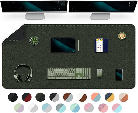 Dual-Sided Desk Mat, Large Pad, Waterproof Smooth PU Leather Blotter Protector, Mouse Pad, Desk Organizers, Office/Home Table Decor for Reading and Writing (Dark Green+Black, 47.2''23.6'')