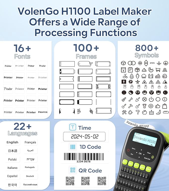Label Maker Machine with-Tape, Label Maker Waterproof-Labels, Wire Labeler Machine with Tapes Laminated, H1100 Handheld Labeling Maker, Backlit-LCD & One-Touch Key, Home Industrial Office Organization