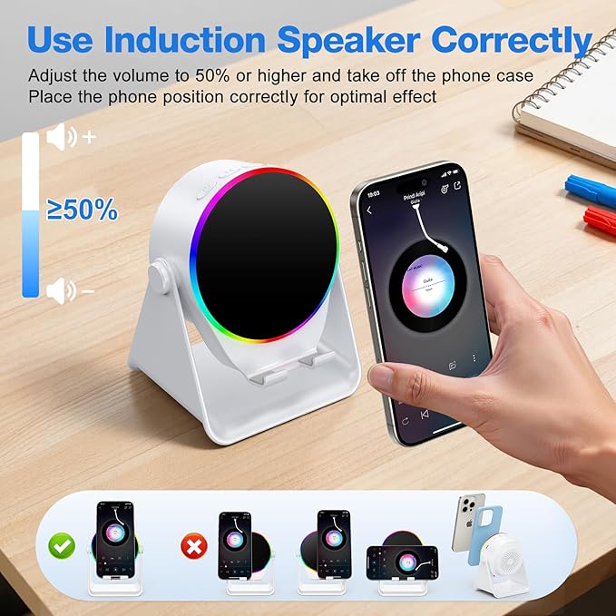TARKARI Wireless Induction Speaker, 5 in 1 Bluetooth Speaker, 360° Rotation Cell Phone Stand with Ambient Light Compatible with iPhone iPad Android Tablet, Birthday Gifts for Women Men Him