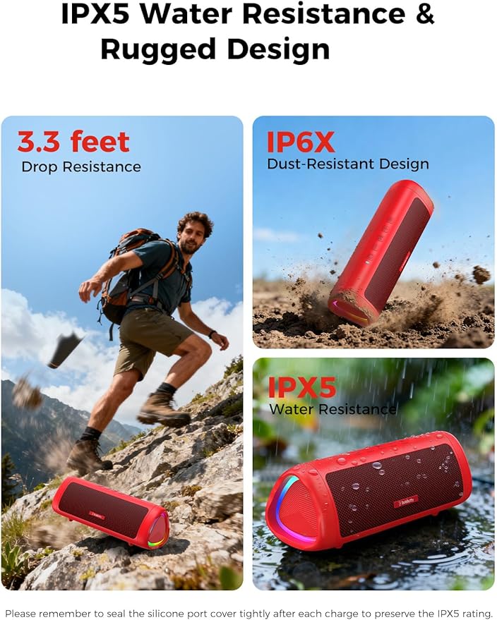Bluetooth Speaker with HD Sound, Portable Wireless, IPX5 Waterproof, Up to 20H Playtime, TWS Pairing, BT5.3, for Home/Party/Outdoor/Beach, Electronic Gadgets, Birthday Gift (Red)
