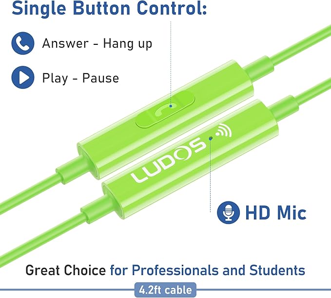 LUDOS FEROX Wired Earbuds in-Ear Headphones, 5 Year Warranty, Earphones with Microphone, Noise Isolation Corded for 3.5mm Jack Ear Buds for iPhone, Samsung, Laptop, Kids, School Students - Green